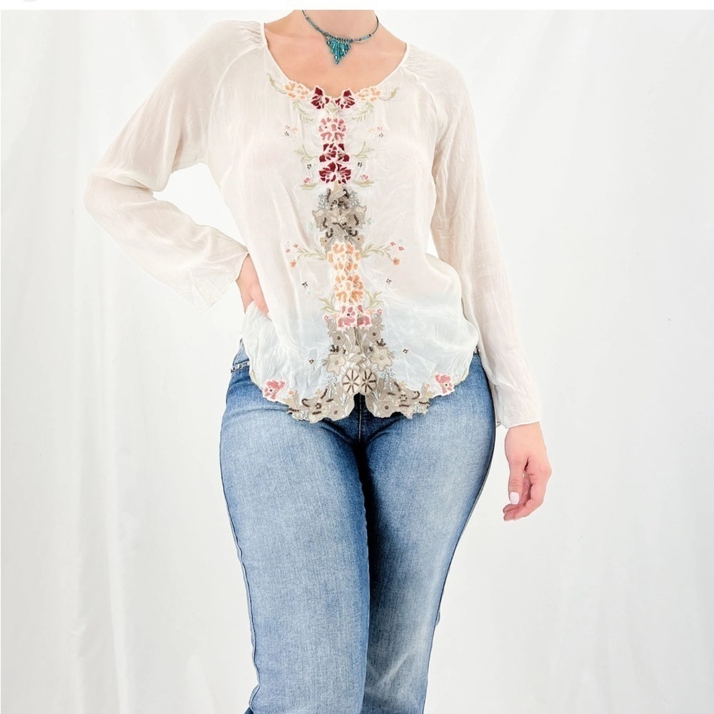 J.Jill Boho Semi sheer long sleeve blouse with floral embroidery size small T150
